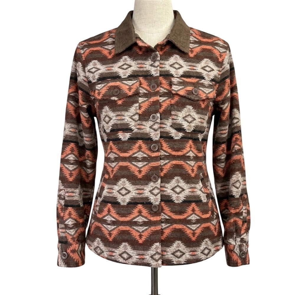 Cowgirl Legend Womens Southwestern Aztec Shacket‎ Brown Corduroy Collar Large